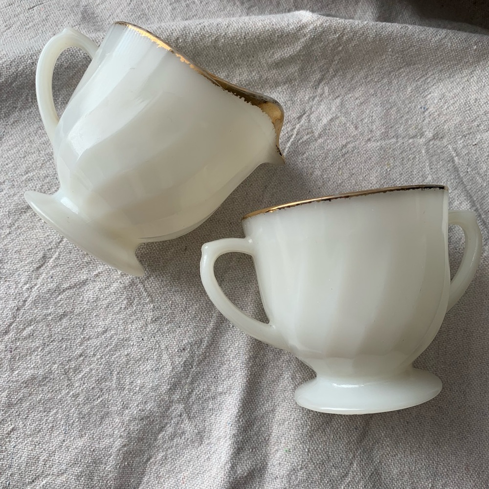 Vintage Fire King Swirl sugar & creamer with gold rim